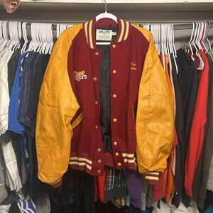 DeLong 80’s Howard Varsity Jacket Red & Mustard Wool Leather